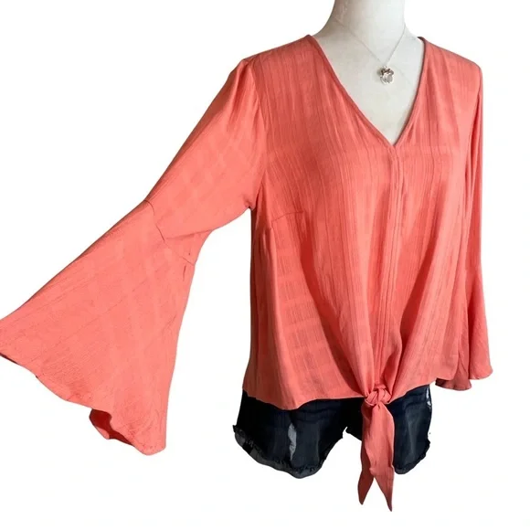 Torrid NEW Textured Woven Tie Front Top Crabapple Coral Orange Medium Large L 10 - Picture 5 of 15